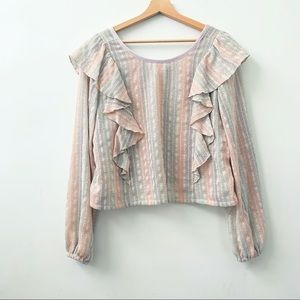 Ellie Mae Sparkly Pastel Stripe Ruffle-Trim Long Sleeve Knit Blouse